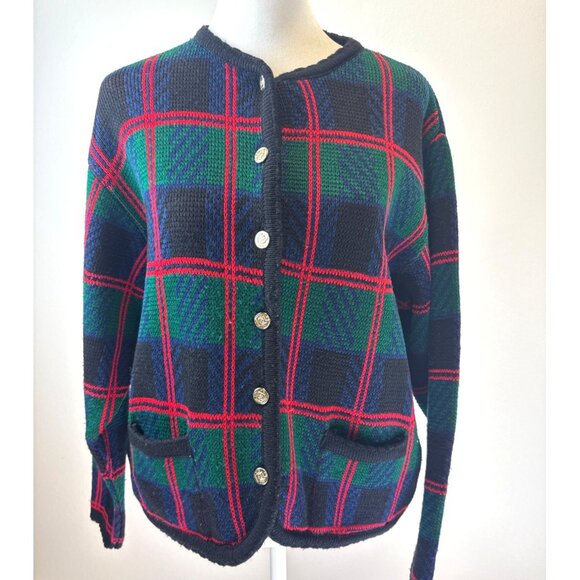Vintage Tally Ho Cardigan Sweater Women’s Size PM Green Red Plaid Long Sleeve - Picture 2 of 11